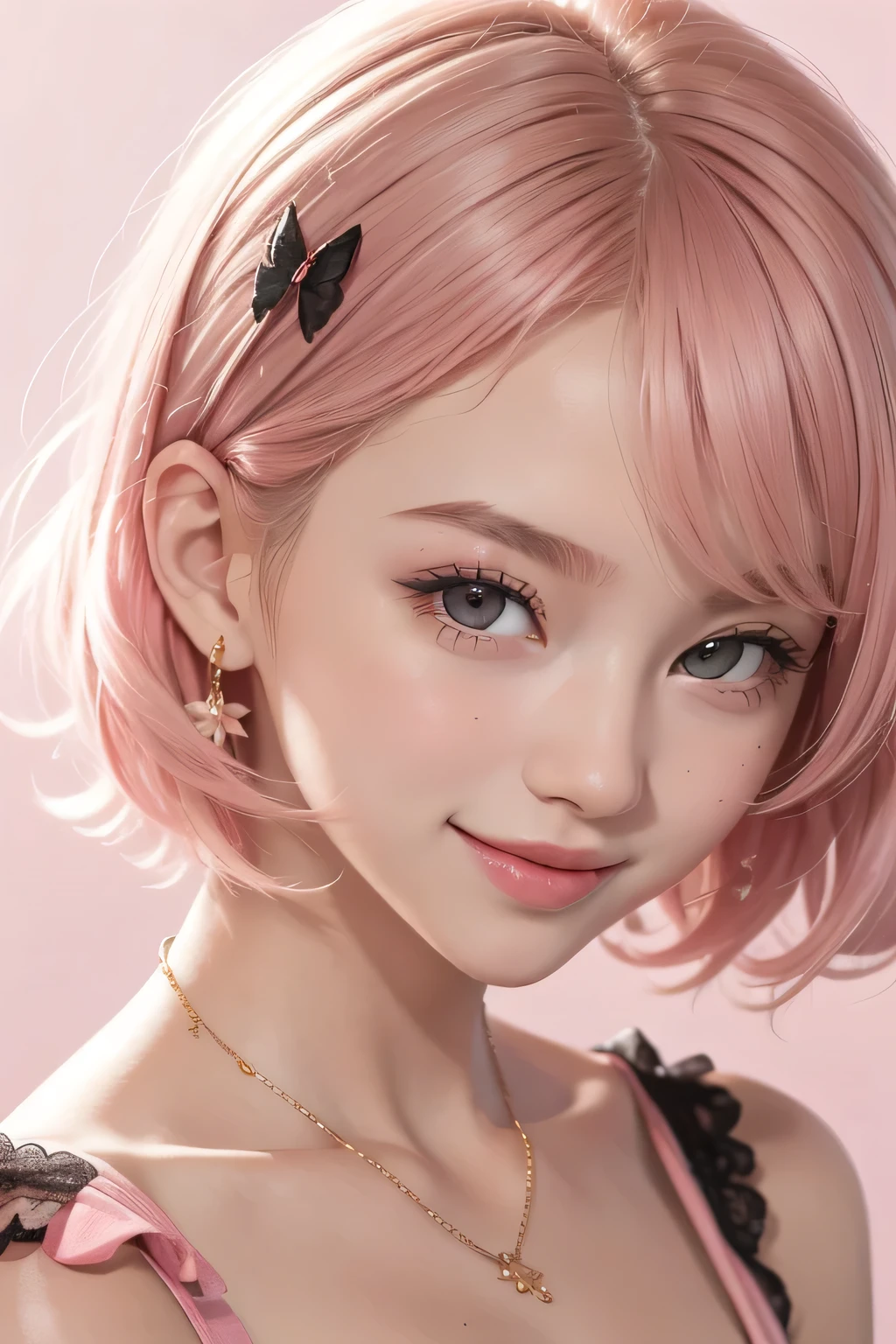 ((best quality)), ((masterpiece)), (detailed), one girl 1girl, baby pink hair, brown and black eyes, short hair, pink clothes, buttrefly, bright background, smile, cute, hairpin, baby face, close up