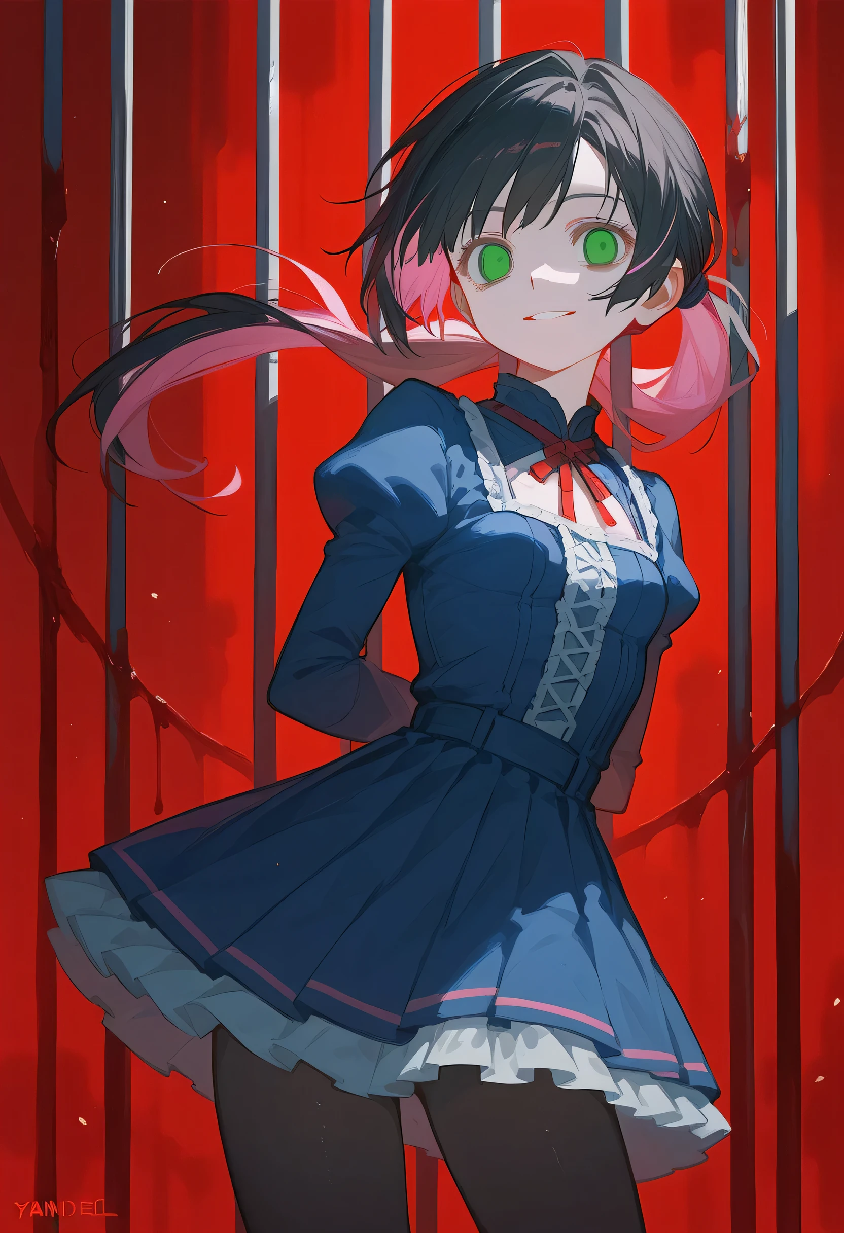 Masterpiece, best quality, 1 girl, , colorful hair, Yandel, big and small , high legs raised, bloodstains, short hair, skirt, pleated skirt, smile, username, smile, small , pink hair, smile, looking at the audience, blue dress, black tight fitting clothes, green eyes, blood, black hair, pantyhose, blood on weapons, empty eyes, {double ponytail hair}, eternity, character name, smiling eyes, red background, pink blood, hands behind, long hair, prison background, Lolita, hands behind the back