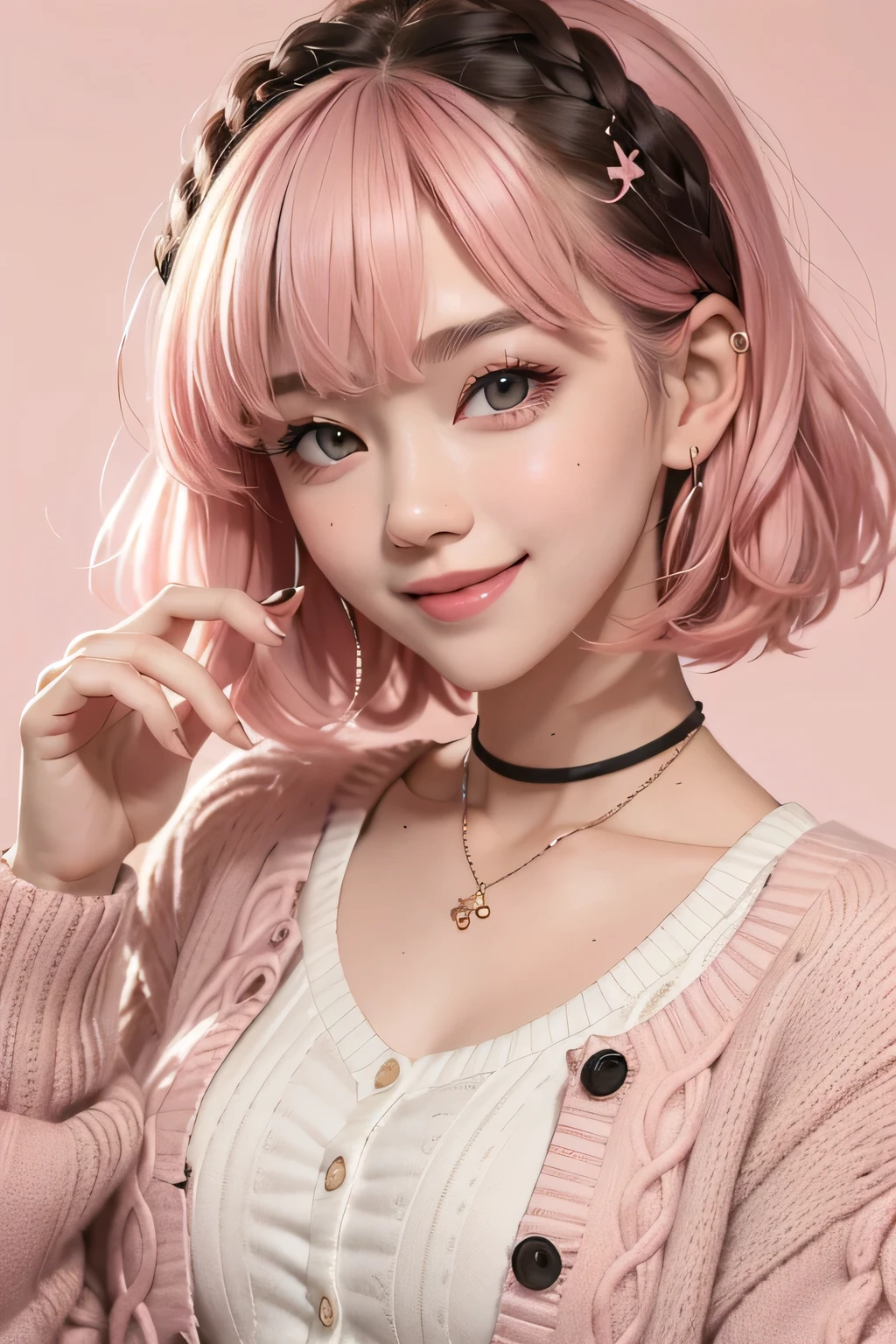((best quality)), ((masterpiece)), (detailed), one girl 1girl, baby pink hair, brown and black eyes, short hair, pink cardigan, bright background, smile, cute, hairpin, baby face, close up