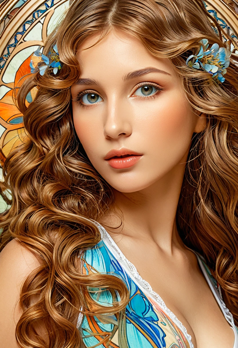 European woman face portrait, Long Curly Hair, bionde, Floral frame, Decorative panel, Abstract art, Alphonse Mucha's (masterpiece, Highest quality, High resolution: 1.4), detailed, Complex details, 4K, Color Splash, Line art, fibonacci, In underwear