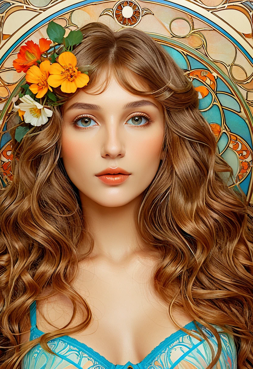 European woman face portrait, Long Curly Hair, bionde, Floral frame, Decorative panel, Abstract art, Alphonse Mucha's (masterpiece, Highest quality, High resolution: 1.4), detailed, Complex details, 4K, Color Splash, Line art, fibonacci, In underwear