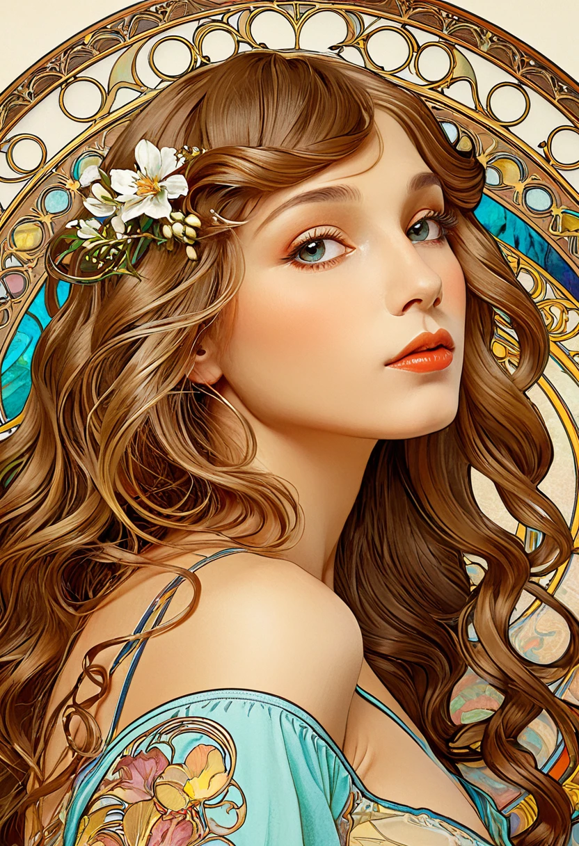 European woman face portrait, Long Curly Hair, bionde, Floral frame, Decorative panel, Abstract art, Alphonse Mucha's (masterpiece, Highest quality, High resolution: 1.4), detailed, Complex details, 4K, Color Splash, Line art, fibonacci, In underwear
