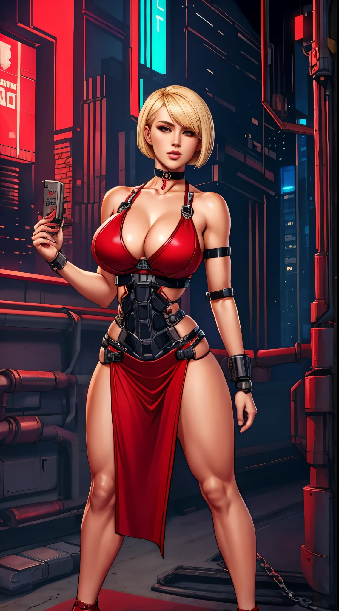 short red dress, undercut platinum bobcut  blonde hair, small breasts, fit, muscular, short hair, mercenary, boob window, chain choker, full body shot, cybernetic, cyberpunk, mechanical parts