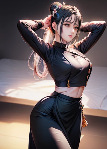 photorealistic, high resolution, masterpiec e best quality ultra-detailed, 1women. (m edium breast), hair bun, jesmine flower o n the head, mature female, solo, hips up, (wearing acmmsayarma outfit, acmmsaya rma (black top ) with buttons, long sleeves), ((acmmsayarma black long skirt)