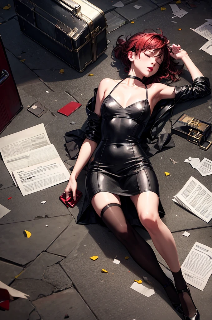 full body of dead young woman in short low-cut dress lying on her back on dirty alley, closed eyes, dramatic poses and sad expression, red lips, full body view, open briefcase on the floor, papers and small objects scattered on the floor, panoramic view, nigths lights