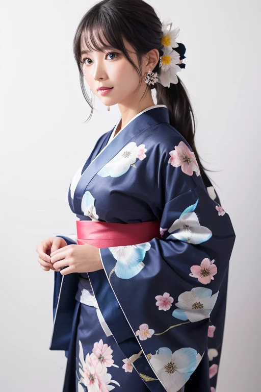 1girl, solo, long_hair, breasts, blush, looking_at_viewer, bangs, blue_eyes, skirt, simple_background, black_hair, hair_ornament, long_sleeves, original, medium_breasts, standing, ponytail, flower, cowboy_shot, earrings, japanese_clothes, parted_lips, hair_flower, wide_sleeves, kimono, from_side, petals, sash, floating_hair, obi, floral_print, own_hands_together, white_flower, black_background, shawl, blue_kimono, short_kimono, print_kimono