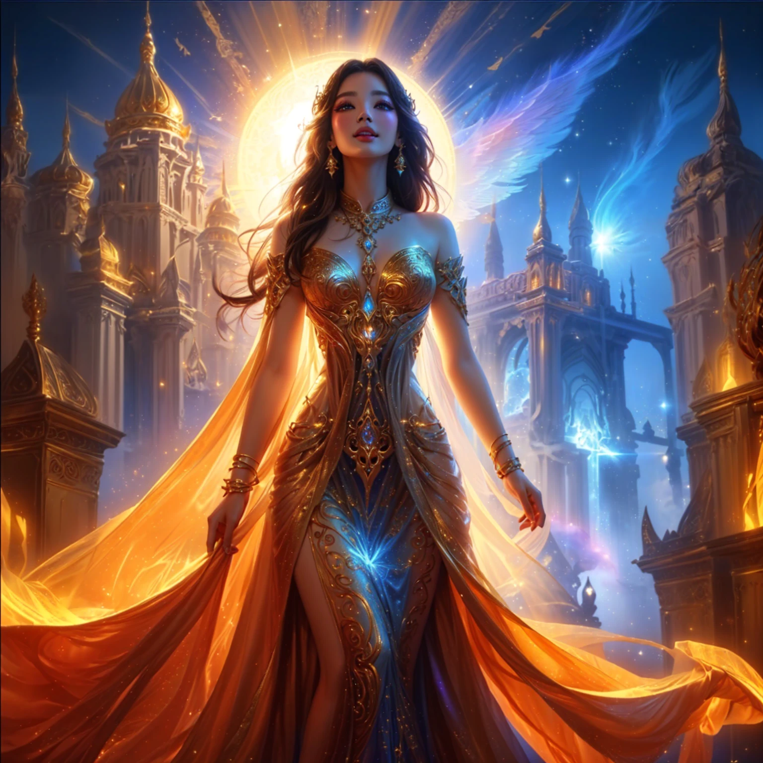 woman , , pink mouth ,Standing in a golden robe, goddess of heaven, Thin cloth on the back , goddess, beautiful heavenly mage, goddess เจ้าหญิงดอกบัวทอง , Fine gold jewelry