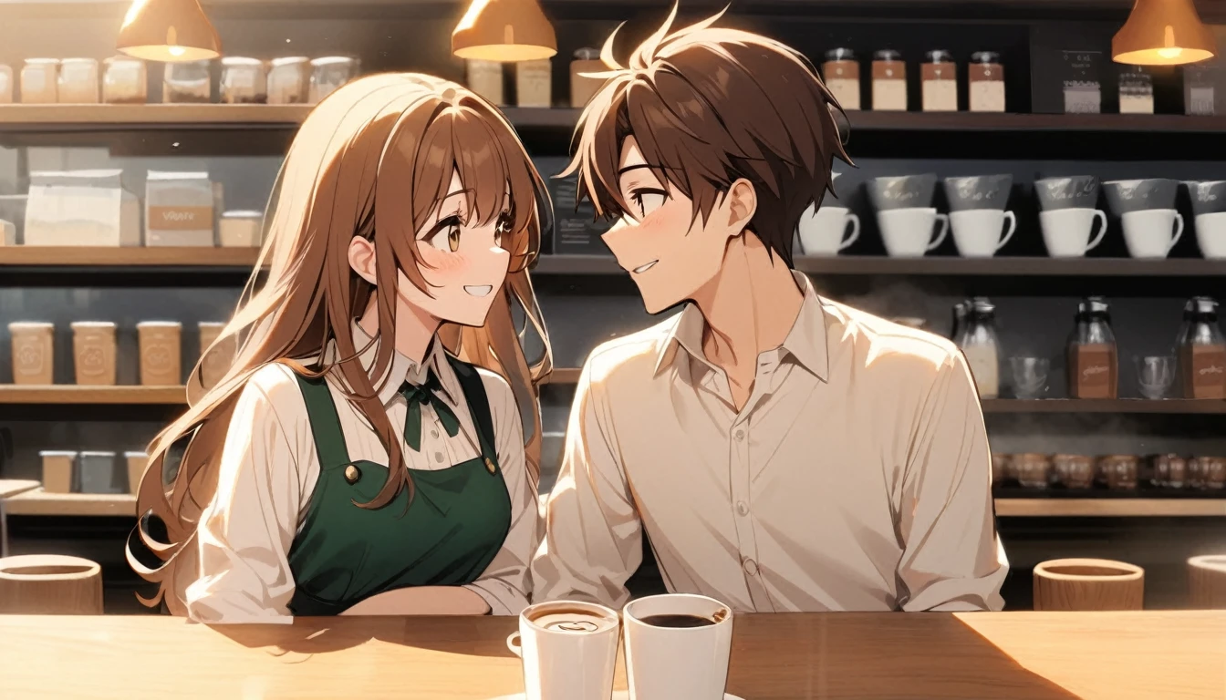 1 couple,brown long hair girl,man with brown hair,Smile at each other.,There is a white cat in the coffee shop.