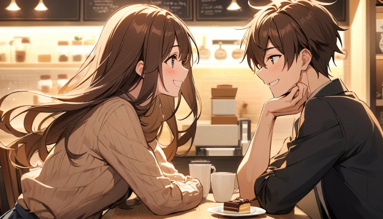 1 couple,brown long hair girl,man with brown hair,Smile at each other.,There is a white cat in the coffee shop.