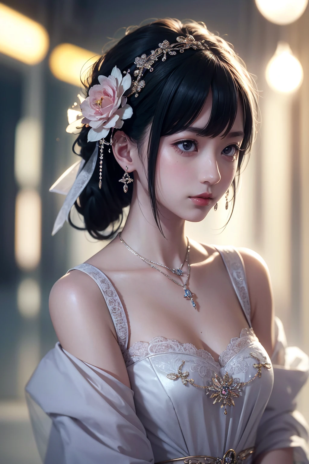 Best Quality, masutepiece, hight resolution, 1girl in,china wedding  dress,Hair Ornament,Necklace, Jewelry,Beautiful face,Inserting a into the_Body, Tindall Effect,Photorealistic, Dark Studio, Rim lighting, two tone lighting,(High detailed skin:1.2), 8K UHD, Digital SLR, Soft lighting, High quality, Volumetric lighting, Candid, photograph, High resolution, 4K, 8K, Bokeh