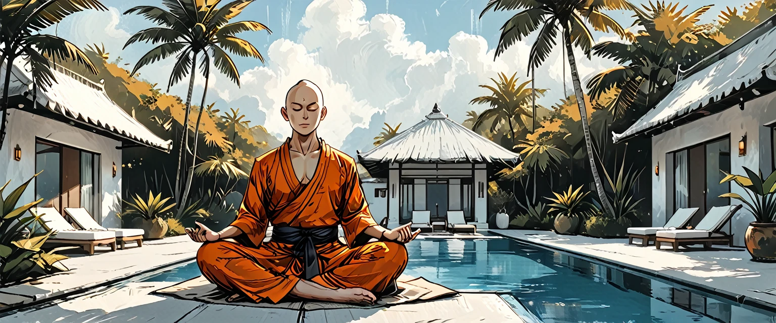  ((orange Kashaya)),blind Buddhist monk sitting in lotus position next to the pool at the white hotel, tropical, palm, white hotel, pool, round face, white eyes, no eyebrows, no hair, bald, paw-eared, round cheeks, narrow lips, man, white sclera eyes, Whitewash Eyes, ((orange Kashaya)), graphic style of novel comics, perfect hands, 2d,
8k, hyperrealism, masterpiece, high resolution, best quality, ultra-detailed, super realistic, Hyperrealistic art, high-quality, ultra high res, highest detailed, lot of details, Extremely high-resolution details, incredibly lifelike, colourful, soft cinematic light,
