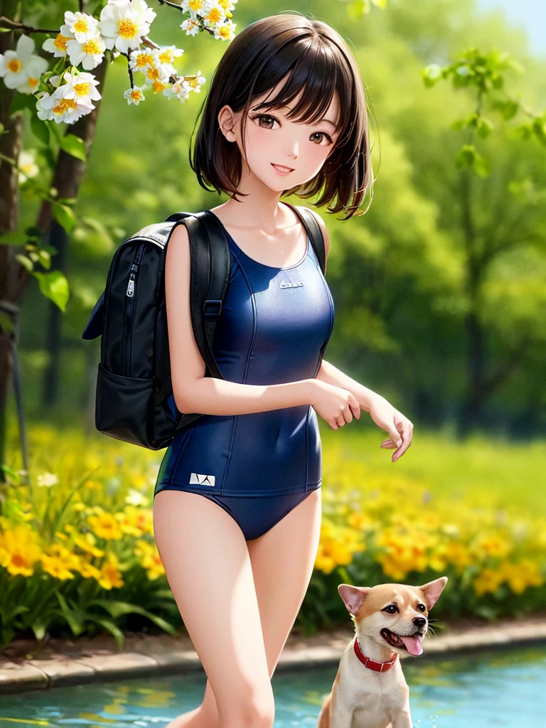 clew：A very charming  in swimsuit carrying a backpack，With her cute puppy，Enjoy a lovely spring outing surrounded by beautiful yellow flowers and nature。The illustration is a high-definition illustration in 4K resolution，featuring highly detailed facial features and cartoon-style visuals。