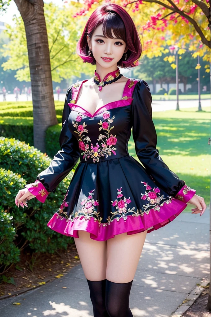 (masterpiece:1.4), (best quality:1.4), ultra high res, ultra high resolution, ((detailed facial features)), HDR, (realistic, photorealistic, photo-realistic:1.37), full body Esbian, sexy Vietnamese model, (-anime), vivid colors, ((vivid colors multicolor (red, fuchsia) very short hair)), (big smile), lip-gloss, long lashes, ultra detailed metallic makeup, defined eyebrows, wearing large sparkling colorful jewelery, wearing a red silk Paradise Kiss cosplay dress with black floral embroidery, ((vivid colors outfit)), vivid colors, look at the camera, cinematic light, large park background with trees, sweet and sexy pose