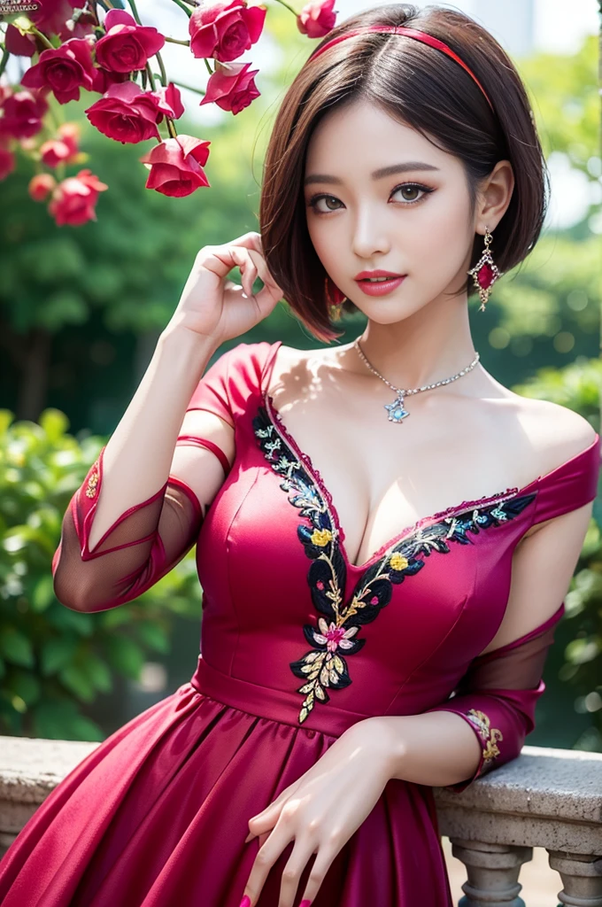 (masterpiece:1.4), (best quality:1.4), ultra high res, ultra high resolution, ((detailed facial features)), HDR, (realistic, photorealistic, photo-realistic:1.37), full body Esbian, sexy Vietnamese model, (-anime), vivid colors, ((vivid colors multicolor (red, fuchsia) very short hair)), (big smile), lip-gloss, long lashes, ultra detailed metallic makeup, defined eyebrows, wearing large sparkling colorful jewelery, wearing a red silk Paradise Kiss cosplay dress with black floral embroidery, ((vivid colors outfit)), vivid colors, look at the camera, cinematic light, large park background with trees, sweet and sexy pose