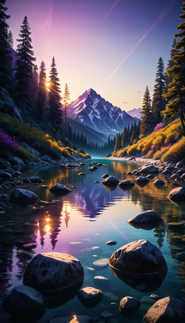 Purple Mountain々The winning entry captures the overwhelmingly beautiful and magical landscape created by, Crystal clear water, And a brilliant sunset. This scene、Shot on a 30MP camera with 4K resolution and sharp focus。. Long exposure1/In 125 seconds/8 apertures 2000s vintage RAW photo, Realistic, Film Grain, hidden camera, Color graded film-like, Eye-catching light, Atmospheric lighting, defect, nature, Shallow depth of field, High level of detail for creating photographic images, Focus on lighting, Realistic Textures, Ultra-detailed.