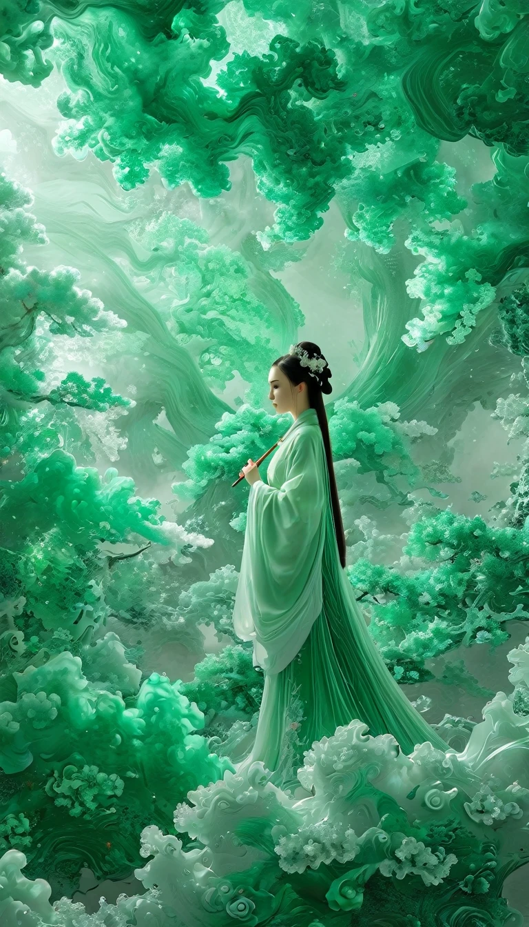 Jade Fractal，luminescent，1 Girl，。(Best quality,4K,8K,A high resolution,Masterpiece:1.2), (Realistic,Photorealistic,photo-realistic:1.37).，Shiny，Exquisite，Monster，Unreal Engine 5，Texture，A three-dimensional character wearinghanfu,minimalism and abstract illustration, chinese ink painting style, chinese xuan paper texture, light penetrate the air, Fractals effect, Phosphore scence effect
