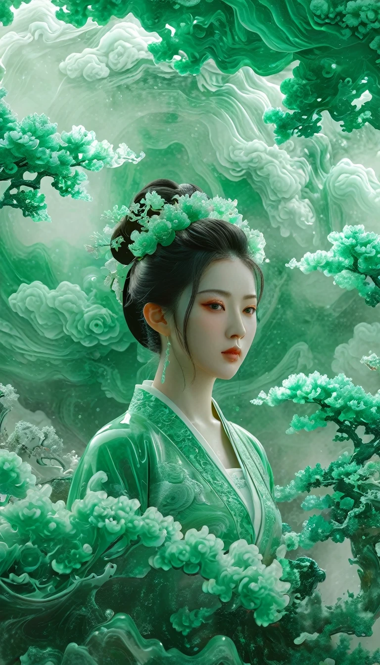 Jade Fractal,luminescent,1 Girl,。(Best quality,4K,8K,A high resolution,Masterpiece:1.2), (Realistic,Photorealistic,photo-realistic:1.37).,Shiny,Exquisite,Monster,Unreal Engine 5,Texture,A three-dimensional character wearinghanfu,minimalism and abstract illustration, chinese ink painting style, chinese xuan paper texture, light penetrate the air, Fractals effect, Phosphore scence effect