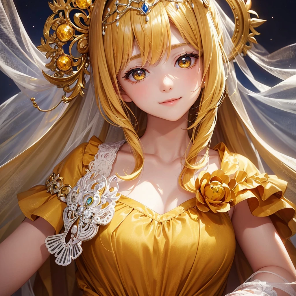 14 years old、beautiful girl、Tiara on head、smile、Yellow Hair、Big eyeoonlit Night、Close-up of face、Beautiful collarbone、Yellow Dress、Close-up of face、Cleavage