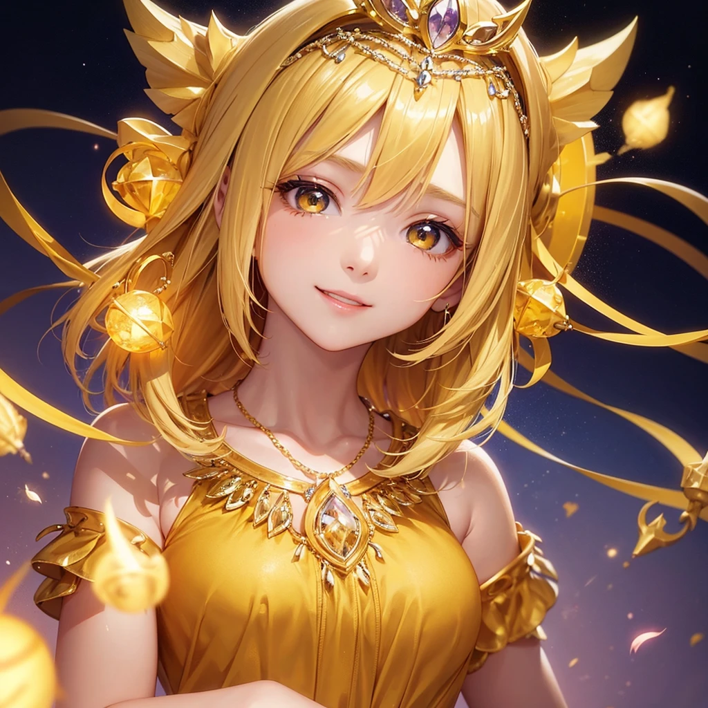 、beautiful girl、Tiara on head、smile、Yellow Hair、Big eyeoonlit Night、Close-up of face、Beautiful collarbone、Yellow Dress、Close-up of face、Cleavage
