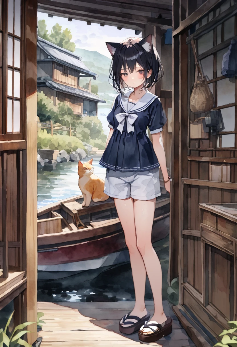 masterpiece, best quality,A girl standing in a japanese rural harbor(Funaya, Kyoto), cat ears,(Sailor costume, shorts, sandals), old fishing boats, with cats,((look away)),magnificent view,(tween,detailed face,short hight,middle small breasts),(Watercolor:1.3),