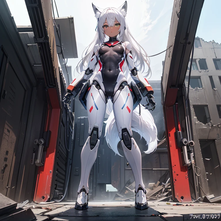 (8k, Realistic, RAW Photos, Highest quality, (from below:2), View your viewers: 1.3), (Fox Girl, Fox Ears, Silver Hair, Fox Makeup, One Girl, Long Hair, (Alone on the screen, dark skin), High definition:1.6), (mecha musume, Machinery Parts,Robot Joints, (White and red clothes, Full body mechanical suit):1.8), (Body measurements are 75-60-75!, Young girl body, Small breasts, Proudly, Standing posture, slender, muscle:1.9),(美しいface, Delicate drawing, It is written down in detail), Avatar, face, 色っぽいface, Dominant representation, naughty face, Uplifting, Skin Texture, outside, ruins, Ruined City, Broken Building, There are no people