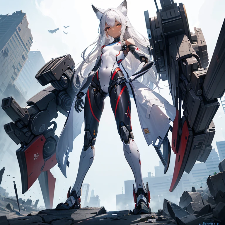 (8k, Realistic, RAW Photos, Highest quality, (from below:2), View your viewers: 1.3), (Fox Girl, Fox Ears, Silver Hair, Fox Makeup, One Girl, Long Hair, (Alone on the screen, dark skin), High definition:1.6), (mecha musume, Machinery Parts,Robot Joints, (White and red clothes, Full body mechanical suit):1.8), (Body measurements are 75-60-75!, Young girl body, Small breasts, Proudly, Standing posture, slender, muscle:1.9),(美しいface, Delicate drawing, It is written down in detail), Avatar, face, 色っぽいface, Dominant representation, naughty face, Uplifting, Skin Texture, outside, ruins, Ruined City, Broken Building, There are no people