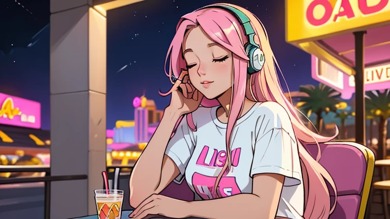 A beautiful young woman in her 20s with straight pink  midium long hair, wearing headphones, sitting on the terrace of a night cafe, looking down with her eyes closed, lofi girl, t-shirt, mood, comfortable, Las Vegas, In-N-Out Burger