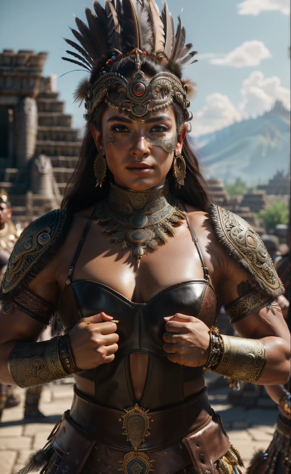 close up, photorealistic, (masterpiece:1.3), (best quality:1.3), beautiful, (intricate details), unity 8k wallpaper, ultra detailed, beautiful, aesthetic, perfect lighting, crowd around WestGark, very strong woman, (muscular:1.2), wearing leather plastron armor, wearing animal mask with feathers, wearing toga, hunting, (aztec temple background:1.0), (perfect hands:1.2),,