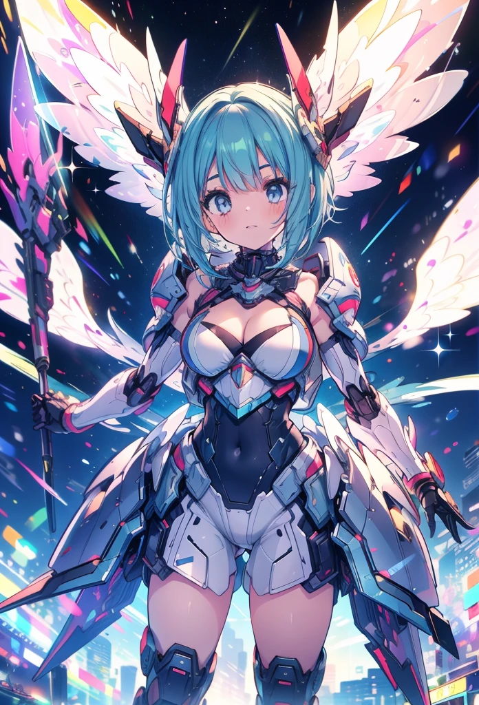 score_9, score_8_up, score_7_up, source_anime,masterpiece, best quality, high resolution, extremely detailed CG, absurdres, highres, a mecha girl with huge mecha_wings and lighted up hair flying in the night sky, 1girl, solo, cleavage, thighs, looking at viewer, mecha musume,Colorful portraits