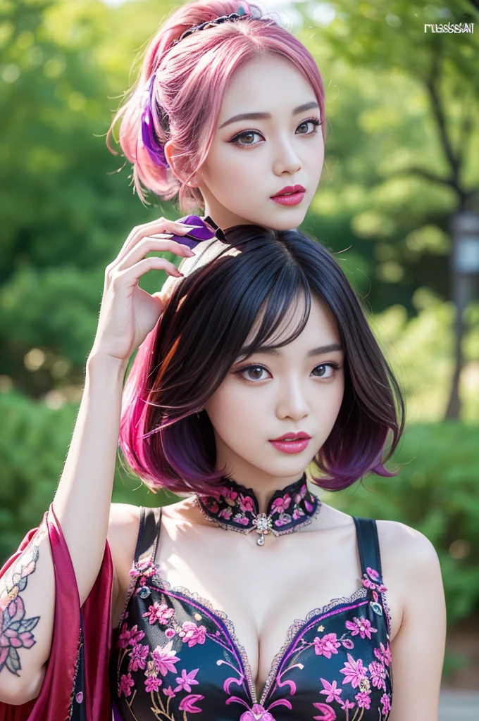 (masterpiece:1.4), (best quality:1.4), ultra high res, ultra high resolution, ((detailed facial features)), HDR, (realistic, photorealistic, photo-realistic:1.37), full body Esbian, sexy Indonesian model, (-anime), only 1 model, vivid colors, ((vivid colors multicolor (fuchsia, pink, light blue, purple) very short hair)), (big smile), lip-gloss, long lashes, ultra detailed metallic makeup, defined eyebrows, wearing a red silk Paradise Kiss cosplay dress with black floral embroidery, ((vivid colors outfit)), vivid colors, look at the camera, cinematic light, large park background with trees, sweet and sexy pose