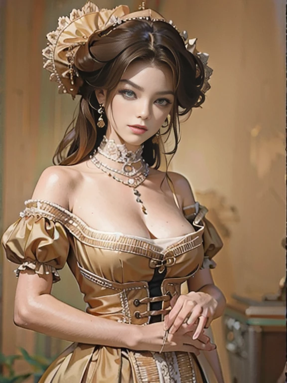 (Pure Color: 0.9), (Color: 1.1), (Masterpiece: 1,2), Top Quality, Masterpiece, High Resolution, Original, Highly Detailed Wallpaper, Beauty, Victorian, Dress, Melancholy, Big Breasts, Sepia Color, 40 years old