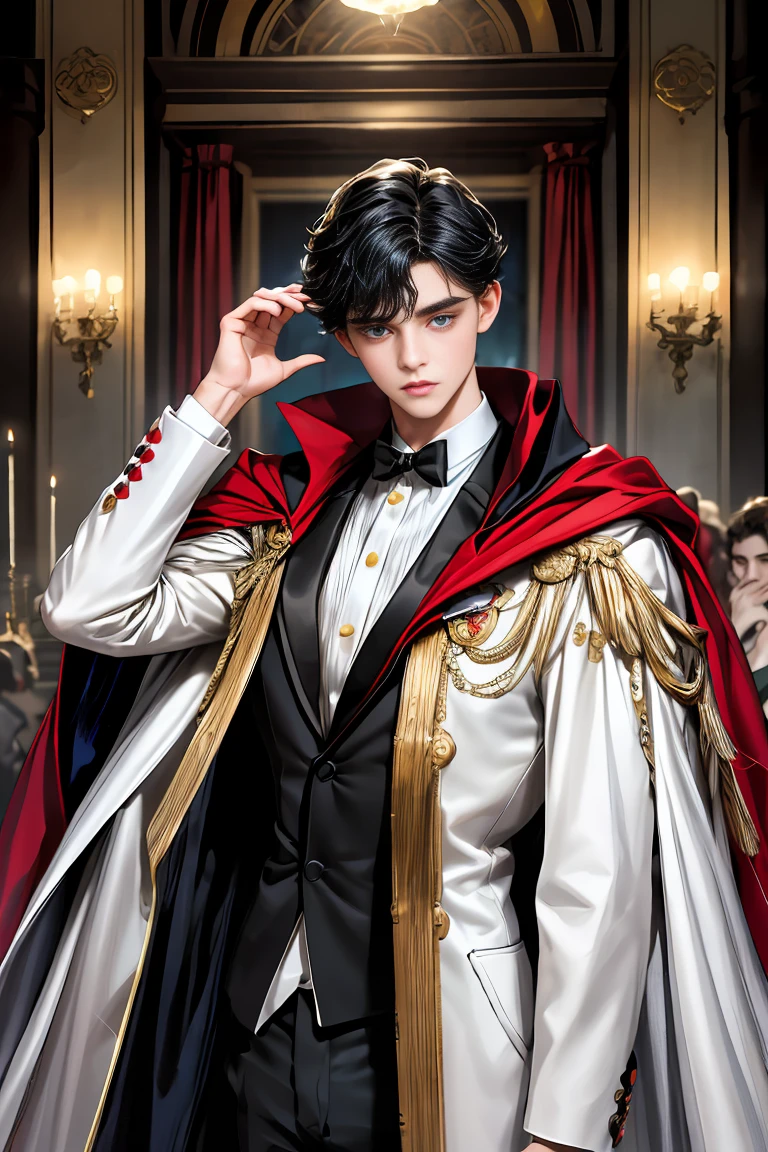 
masterpiece, 最high quality, high quality, 1 boy, alone, Male focus, Watching the audience,  Messy black hair, Adorable big blue eyes, White, Noble, Noble,A sexy, voluminous, puffy cape、tuxedo、A very voluminous, large, very large, very large, long, long red and black cape with a high stand-up collar, made of a lot of fabric that reaches down to the floor., 17 years old,Cute beautiful boys,Cute, cute, kind, handsome guy