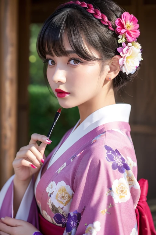 1girl, solo, looking_at_viewer, short_hair, bangs, black_hair, hair_ornament, original, purple_eyes, braid, flower, upper_body, hairband, sidelocks, japanese_clothes, parted_lips, artist_name, hair_flower, kimono, lips, from_side, petals, gradient_background, eyelashes, makeup, hair_bun, lipstick, portrait, pink_lips, hair_stick, red_lips