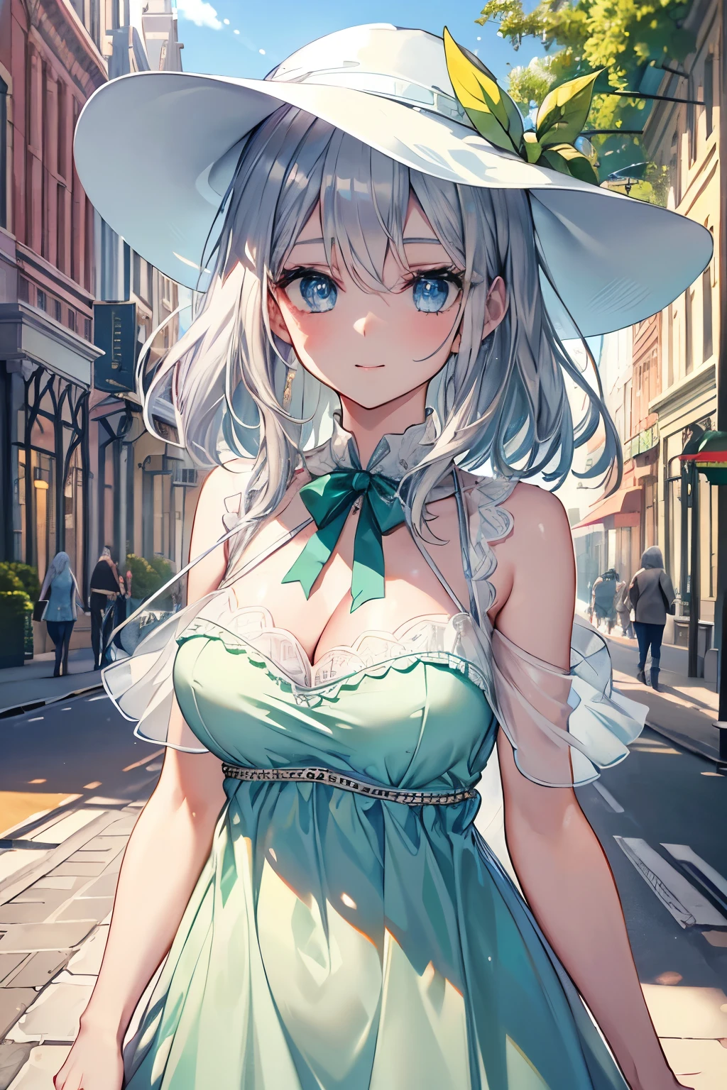 (Best quality,4K,8K,High resolution,Masterpiece:1.2),Super detailed,(Actual, Realistic),
break,
((Beautiful clear blue eyes:1.2)),very kind eyes,eyes wide open,beautiful eyelashes,beautiful lower eyelashes,
break,
((Beautiful and shiny silver hair:1.3)),A bursting smile,
break,
((green dress:1.3)),stylish summer sun hat,((bolero for women:1.3)),
break,
very happily,((bust shot)),zoom in,((main street of england:1.3))
