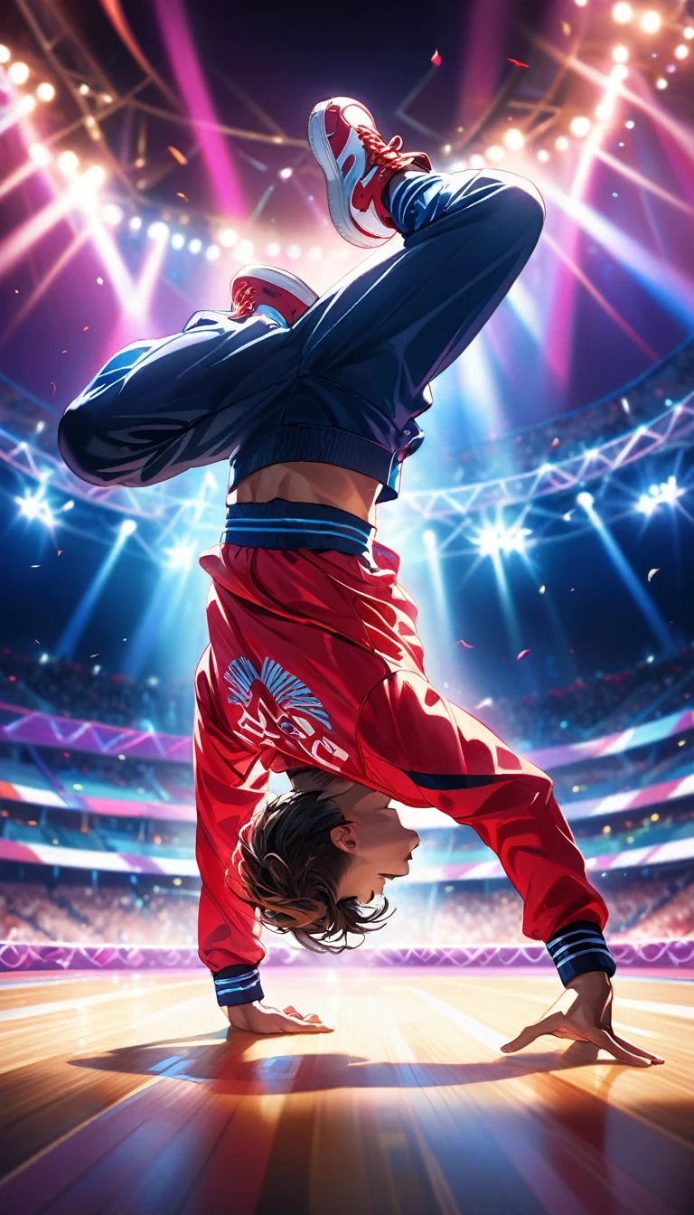 a breakdancer in an elaborate pose performing at the Olympics for the first time as a sport, highly detailed, masterful breakdance movements, He does turns on his head,, award-winning dancer, dynamic, powerful, energetic, vibrant colors, dramatic lighting, photorealistic, 8k, best quality