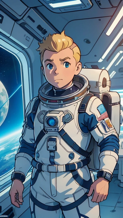 (Teens:1male: Tintin), (extremely detailed CG unit 8k wallpaper),(master part), (best quality), (ultra detali), (best illustration),(melhor ombre), cowboy shot, (Sharp eyeliner, ombre, detailed eyes:1), dark neon light space station indoors background, ,break , (StudioGhibliStyleHMC), upper body, very short hair,blonde hair,astronaut spacesuit