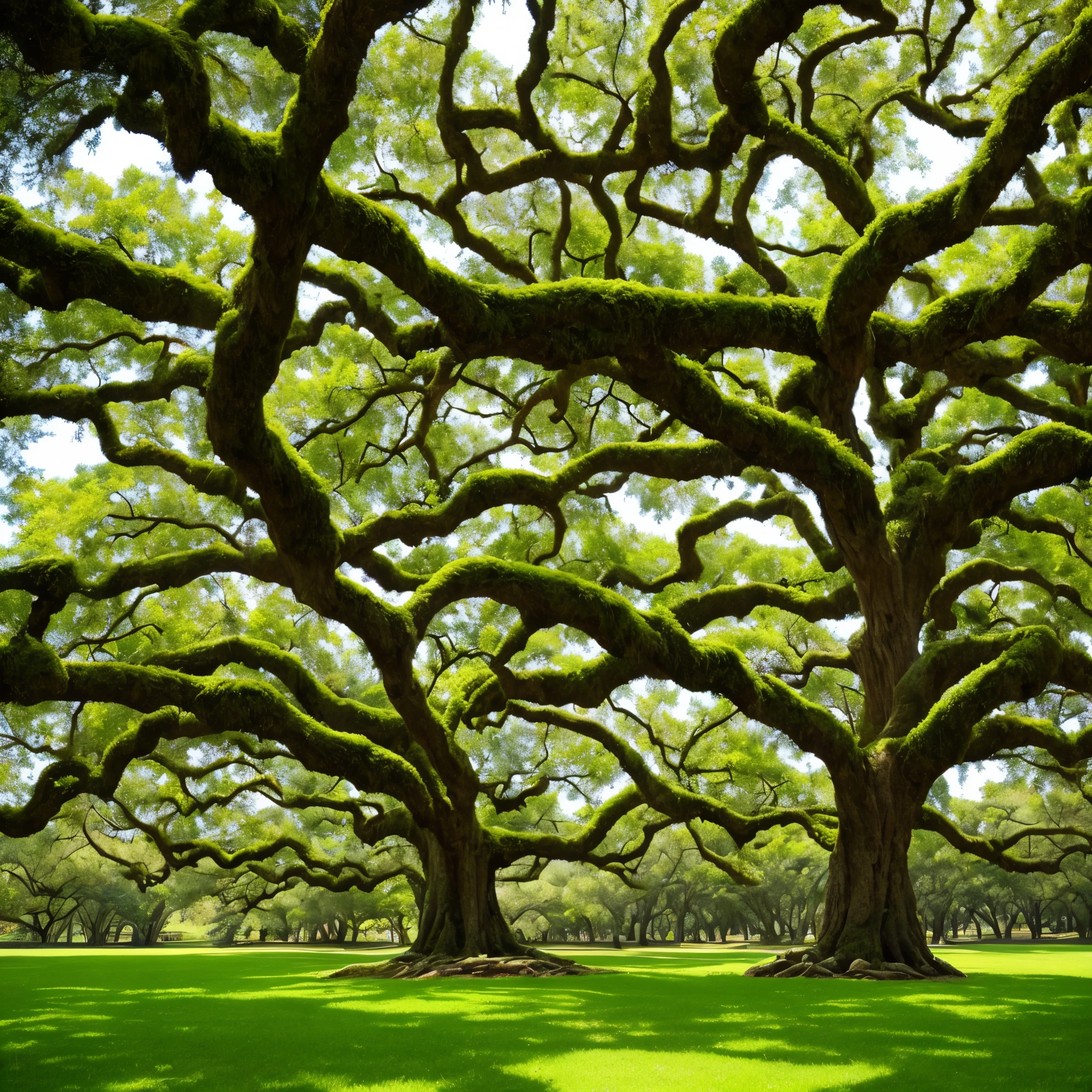 arafed tree with white moss growing on it in a park, a photo by Nancy Spero, flickr, art nouveau, spanish moss, beautiful ancient trees, overhanging branches, a beautiful tree, moss covered, breath - taking beautiful trees, breath-taking beautiful trees, oak trees, old trees, knotted trees, tall broad oaks