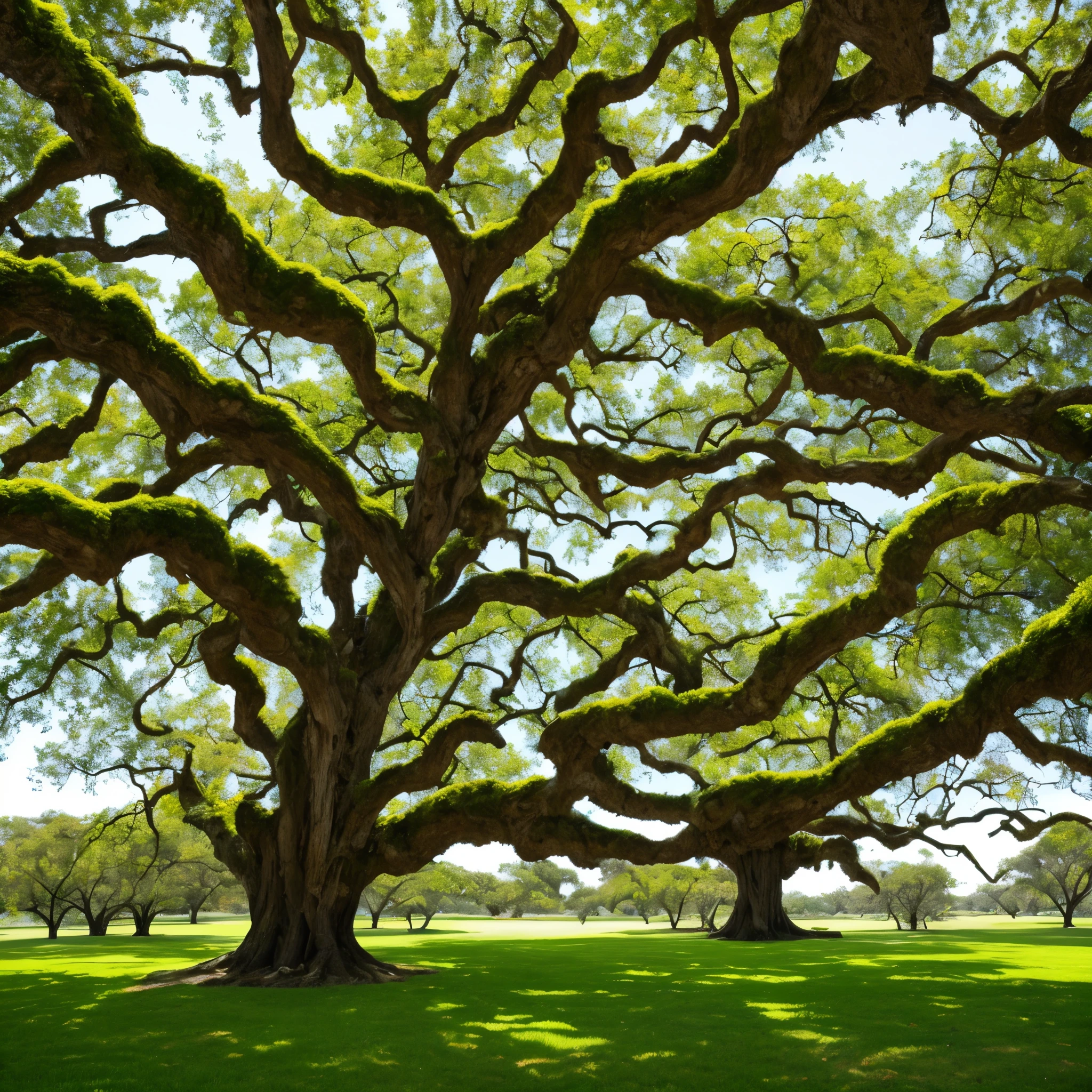 arafed tree with white moss growing on it in a park, a photo by Nancy Spero, flickr, art nouveau, spanish moss, beautiful ancient trees, overhanging branches, a beautiful tree, moss covered, breath - taking beautiful trees, breath-taking beautiful trees, oak trees, old trees, knotted trees, tall broad oaks