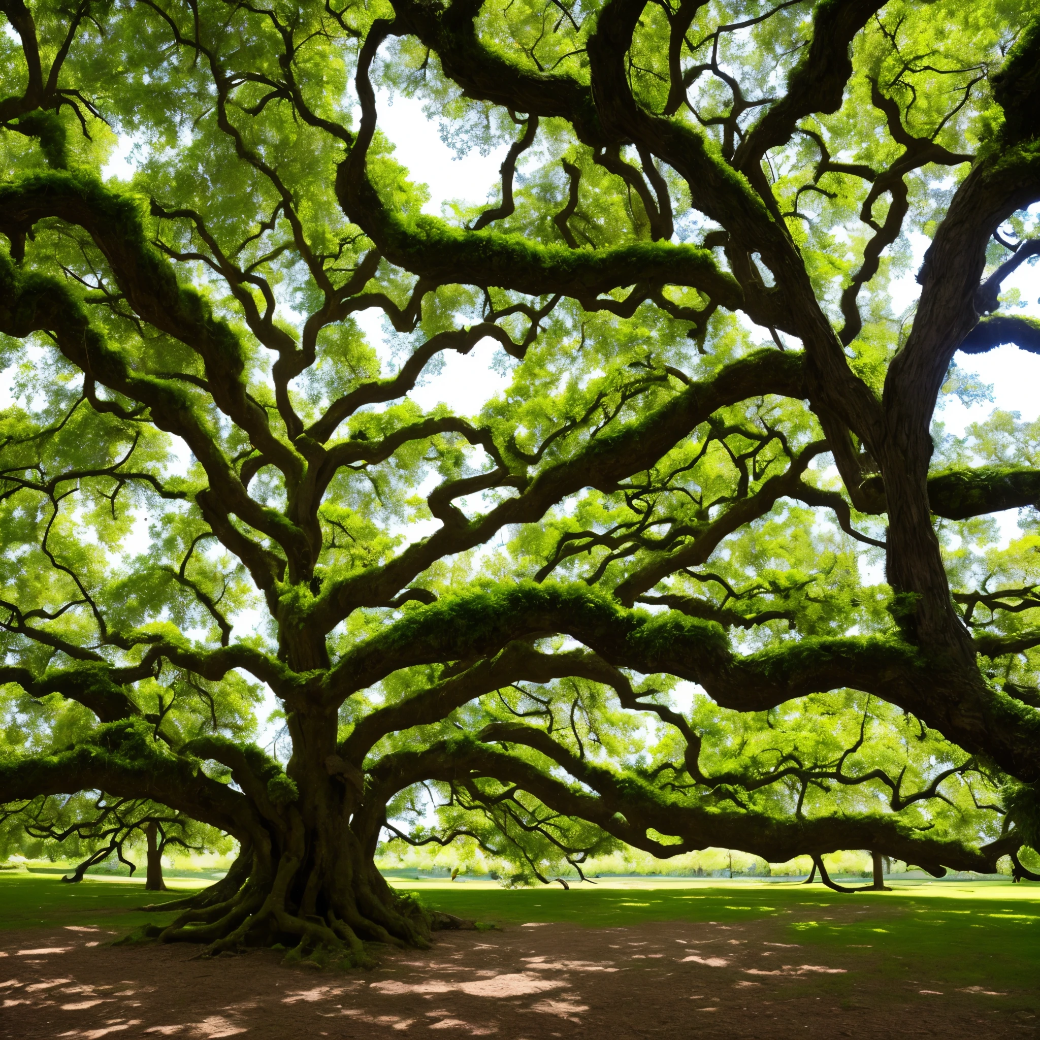 arafed tree with white moss growing on it in a park, a photo by Nancy Spero, flickr, art nouveau, spanish moss, beautiful ancient trees, overhanging branches, a beautiful tree, moss covered, breath - taking beautiful trees, breath-taking beautiful trees, oak trees, old trees, knotted trees, tall broad oaks
