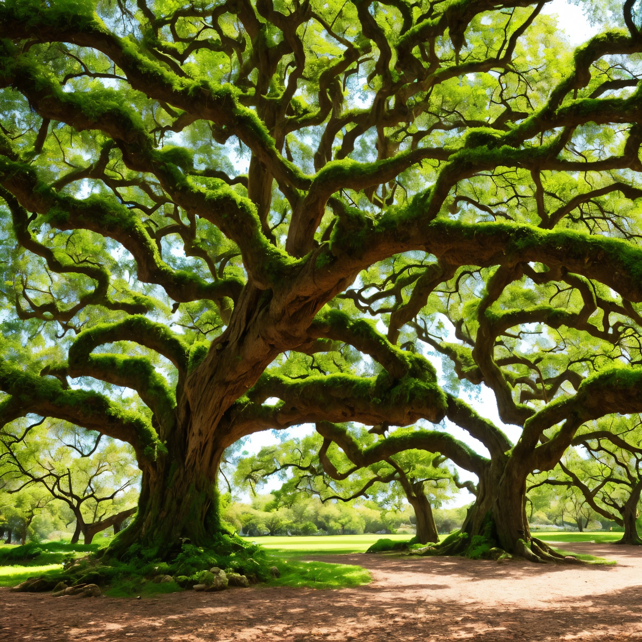 arafed tree with white moss growing on it in a park, a photo by Nancy Spero, flickr, art nouveau, spanish moss, beautiful ancient trees, overhanging branches, a beautiful tree, moss covered, breath - taking beautiful trees, breath-taking beautiful trees, oak trees, old trees, knotted trees, tall broad oaks
