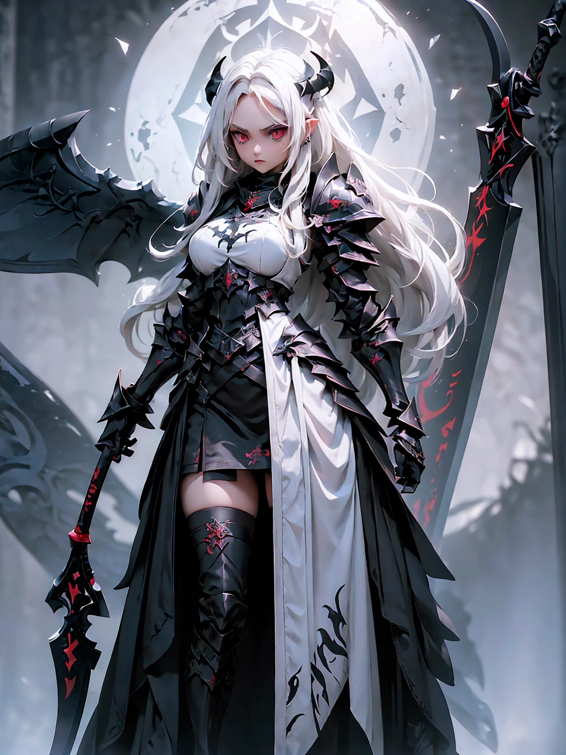 A stunning artwork of a fierce demonic elf standing in a cursed forest. The full-body view showcases her in dark armor, exuding an aura of malevolent grace and unyielding power. Her long, flowing dark gray hair frames a face of eerie beauty, highlighted by red eyes that glow with otherworldly menace. She holds a cursed sword, intricately designed and radiating dark energy, adding to her formidable presence. The scenery around her is a twisted, shadowy forest with gnarled trees and glowing red eyes peering from the darkness. Mist and sinister shadows enhance the ominous atmosphere, creating a scene of haunting dread.