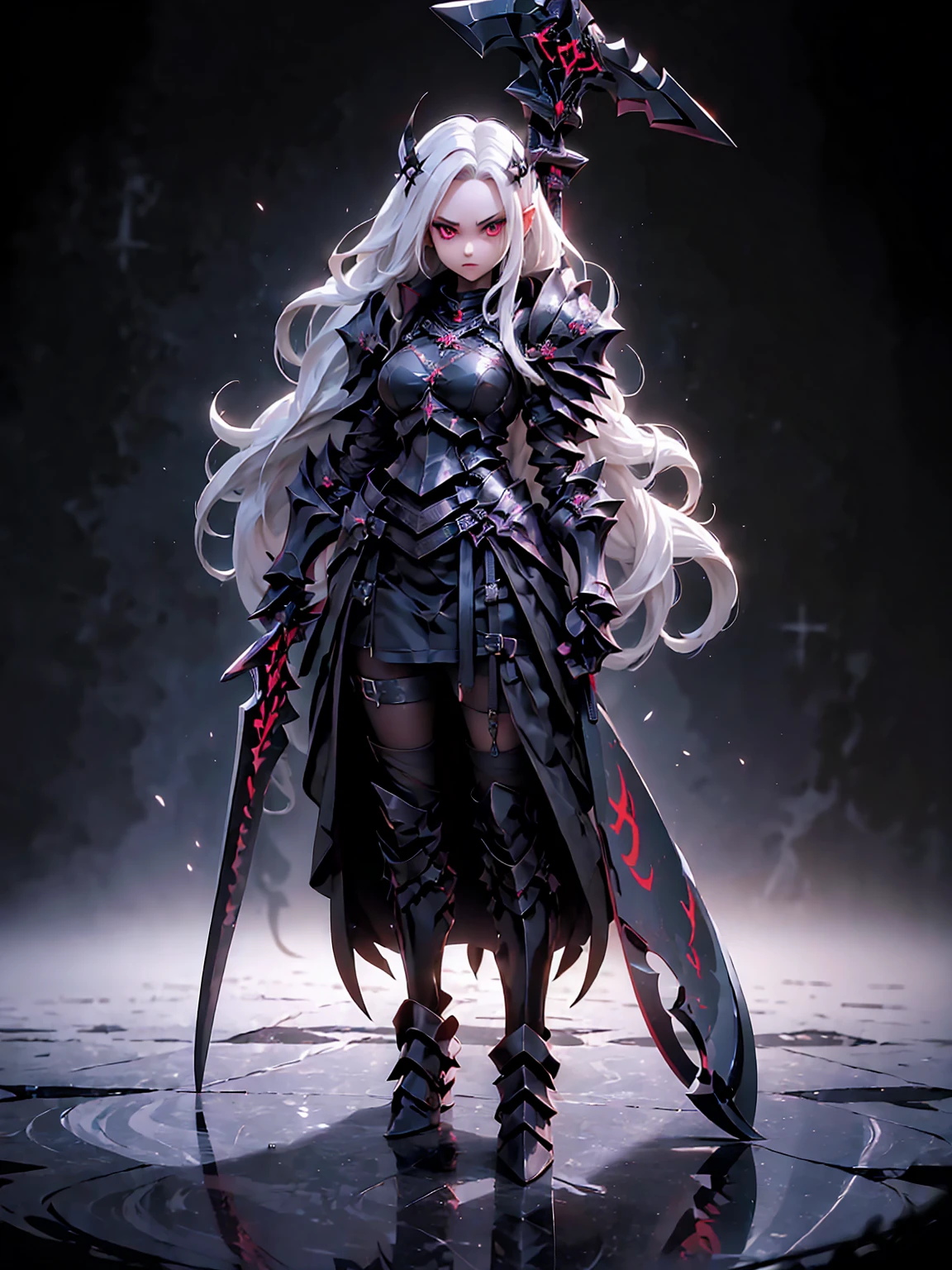 (((Masterpiece, best quality, 16k))) female character with long white hair and piercing red eyes. She wears a demonic armor in purple, black, and white. wields a large, stylized scythe. The character has a menacing expression, with a chaotic environment as the background. ((full body front view)). ((slender)), (extremely detailed:1.5), (long white hair:1.2), (piercing red eyes:1.2), (chaotic environment:1.1), (demonic armor:1.3), (stylized scythe:1.3).
