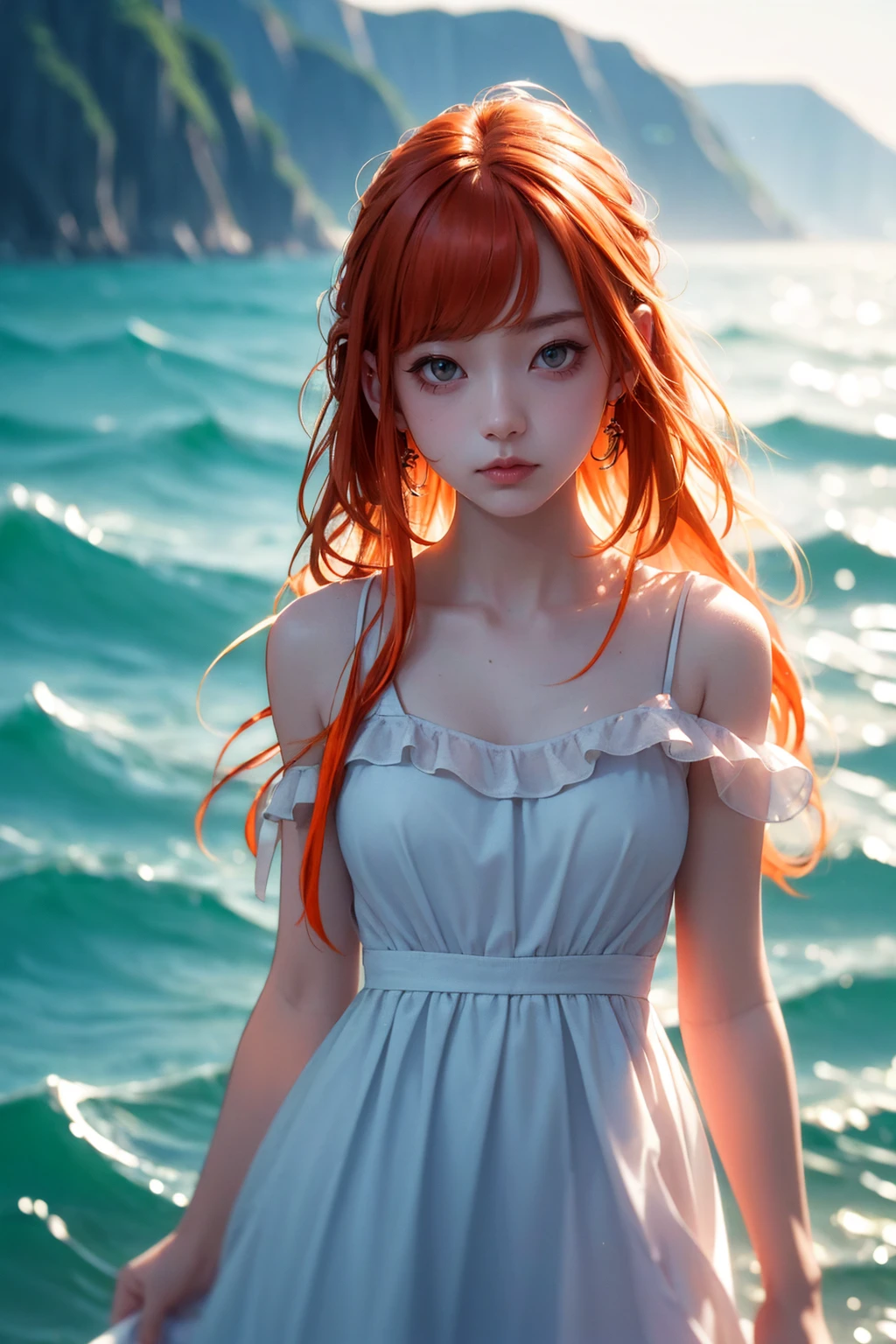 (masterpiece, Highest quality), ((One girl, alone, Long Hair)), Ishmael_edge, Innocent look, Bare arms, Exposing shoulders, Bare neck, watercolor, Sundress, Liquid clothing, water, Wave, water dress, green_theme, night, haze, dark, Sharp focus, Ocean, See-through dress, Orange Hair