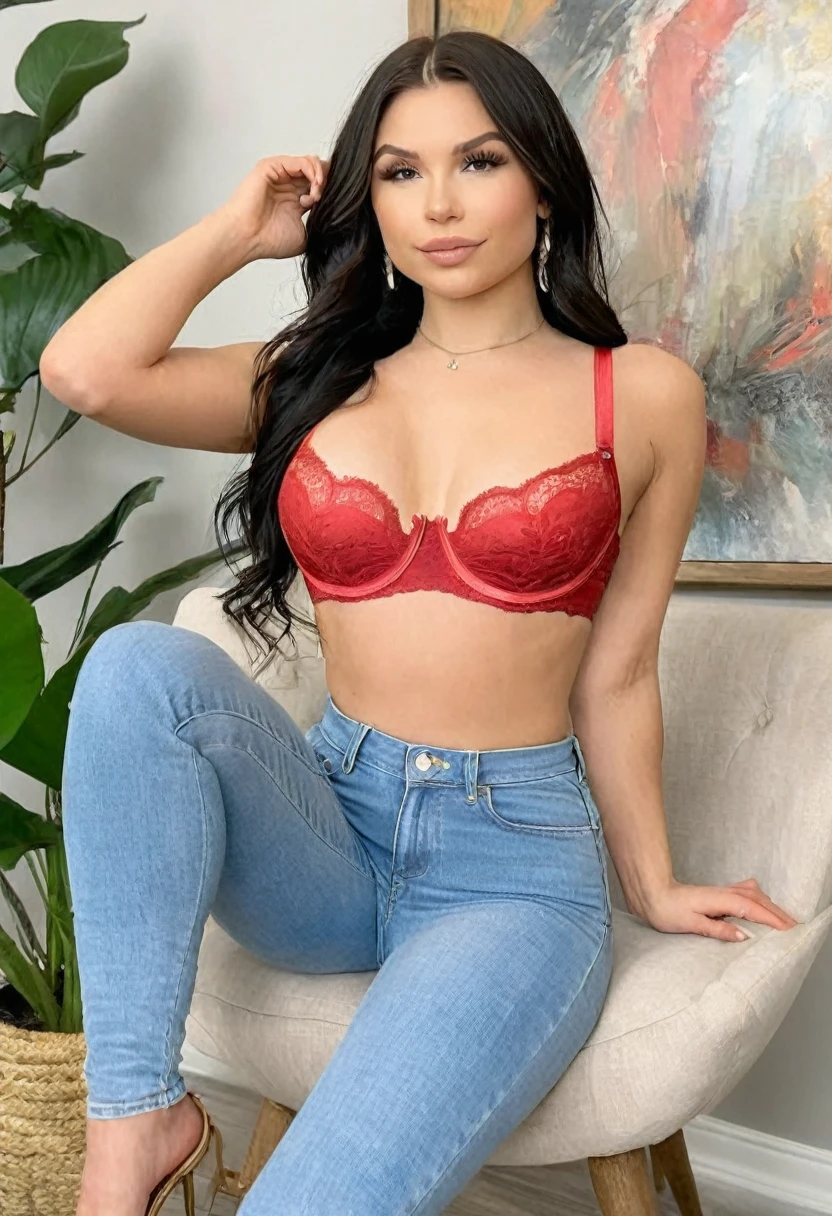 (((high quality:1.2))), Work of art, (8k), extremely detailed, ((High detail:1.2)) ((best resolution)), (Hotlexi woman), (Kenzie Reeves), Solo, ((24 years old brunette female)), (bra, pants jeans),