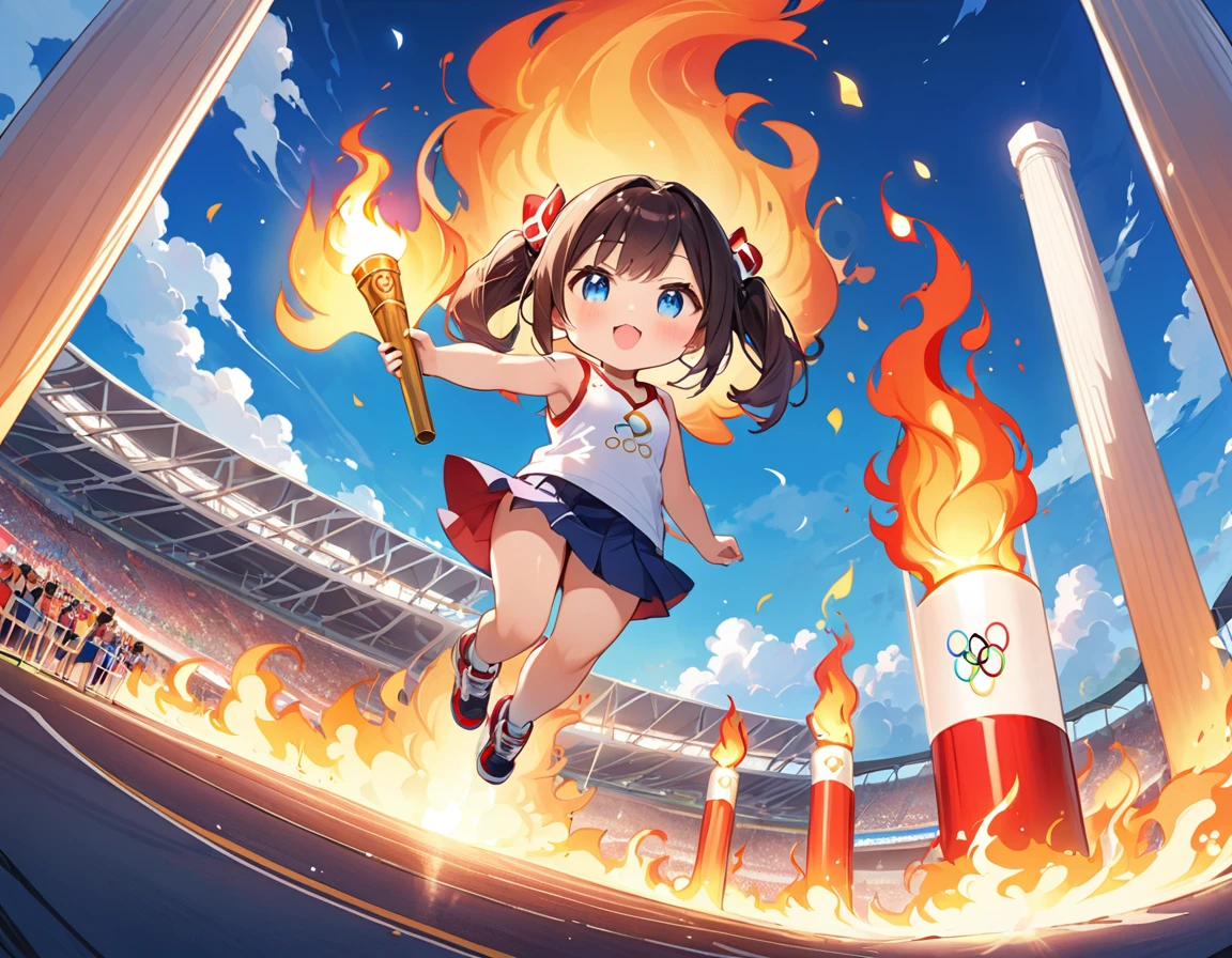Highest quality、High resolution、Detailed Background、Beautiful face in every detail、Anatomically correct、Detailed facial expressions、fine grain、((full body, from below, side view)), ((One Girl:1.5))、((Chibi Girl:1.2))、Cute hair color、Big beautiful blue eyes、Fuller lips、Pink Lips、Braided twin tails、(Olympic Torch Runner:1.2)、(Olympic mark tank top、Vneck、mini skirt、Cute Shoes)、break ((Falling over:1.2、Lying face down:1.2、One arm outstretched:1.2))、Very surprised expression:1.2、((Open your mouth wide:1.2))、There are a lot of tears in my eyes:1.2、Close-up of the mouth、((The Olympic flame on the road1The book is falling:1.2、A huge pillar of flame from the Olympic torch))、The surroundings are on fire、(The background is an athletics stadium、Many spectators)