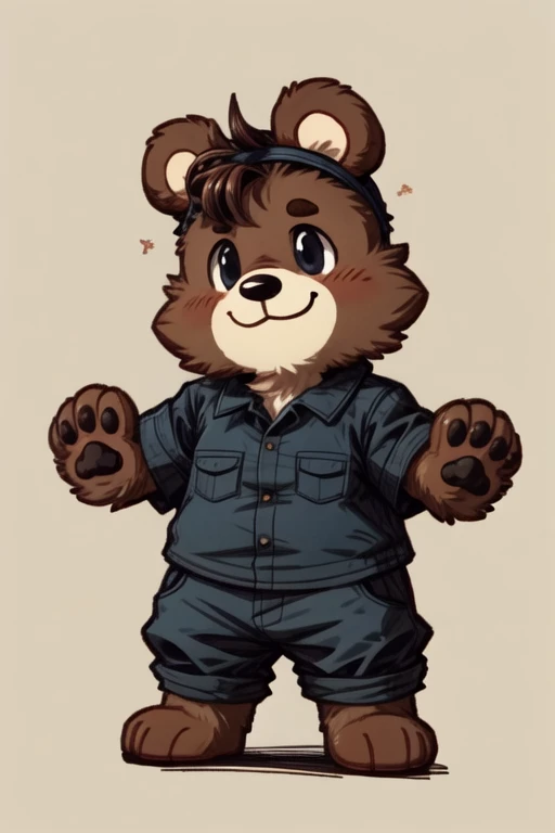 score_9, score_8_up, score_7_up, with Short sleeves , fake animal ears, animal ears, bear ears, paw gloves, bear paws, paw pose, smile, standing, simple background