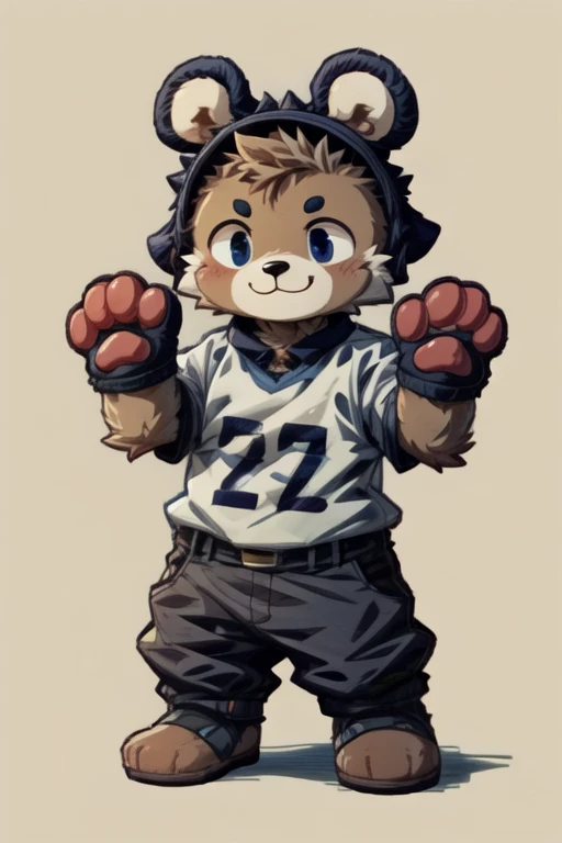 score_9, score_8_up, score_7_up, with Short sleeves , fake animal ears, animal ears, bear ears, paw gloves, bear paws, paw pose, smile, standing, simple background