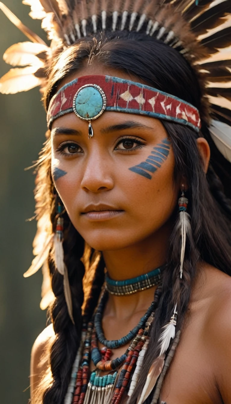 realistic photo of girl (native american) has long hair, dark skin, feathers, hair ornament, jewelry, necklace, tribal, headdress, armlet, facepaint, bracelet, imersive background, , realistic photo, otion blur, ray tracing, wide shot, low angle, raw photo, hdr, film grain, 8k, super detail, ccurate, best quality