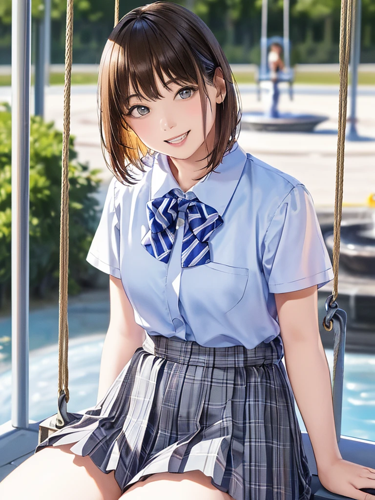 (Highest quality、8k、32K、masterpiece)、(Realistic)、(Realistic:1.2)、(High resolution)、Very detailed、Very beautiful face and eyes、(((Women's Solo Shot)))、Tight waist、(Highest quality、Attention to detail、Rich skin detail)、(Highest quality、8k、Oil paints:1.2)、(Realistic、Realistic:1.37)、Bright colors、(((Cowboy Shot)))、(((Bob Hair)))、(((Medium Hair)))、(((He has a happy face.)))、((smile))、(((Brown Hair)))、((Collared short-sleeved shirt, White shirt, , Grey plaid pleated skirt, Blue checked bow tie), )、(((Park during the day)))、(((Waving right hand)))、(((There is a fountain)))、(((Sitting on a swing)))、(((Teeth are visible)))