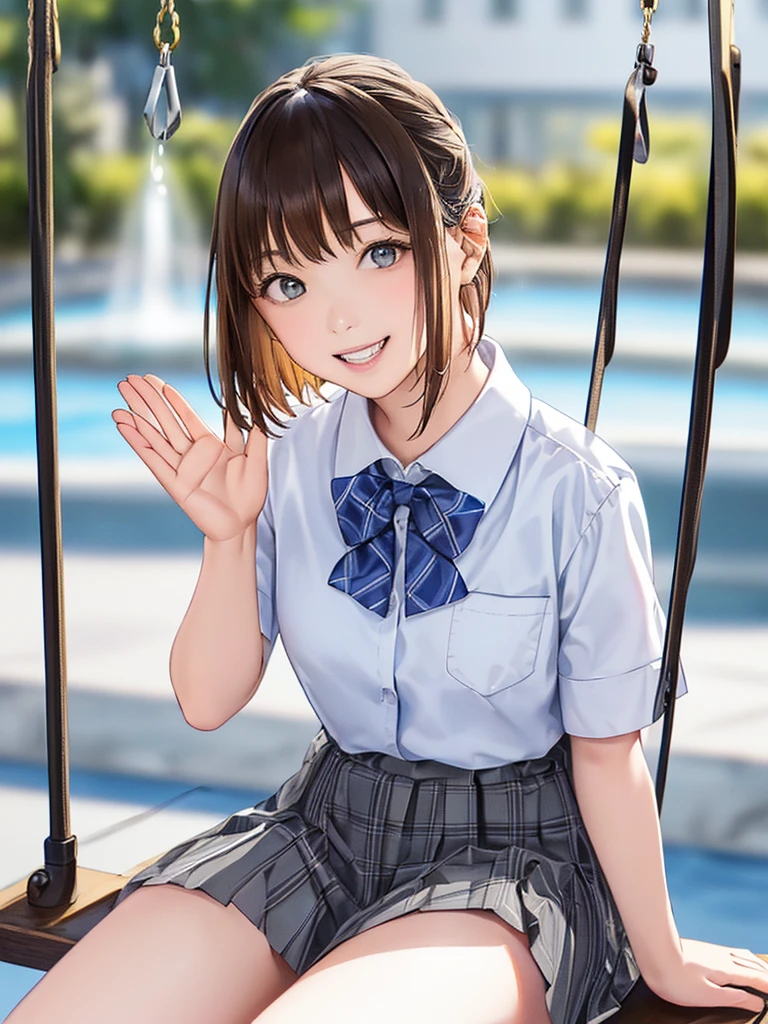 (Highest quality、8k、32K、masterpiece)、(Realistic)、(Realistic:1.2)、(High resolution)、Very detailed、Very beautiful face and eyes、(((Women's Solo Shot)))、Tight waist、(Highest quality、Attention to detail、Rich skin detail)、(Highest quality、8k、Oil paints:1.2)、(Realistic、Realistic:1.37)、Bright colors、(((Cowboy Shot)))、(((Bob Hair)))、(((Medium Hair)))、(((He has a happy face.)))、((smile))、(((Brown Hair)))、((Collared short-sleeved shirt, White shirt, , Grey plaid pleated skirt, Blue checked bow tie), )、(((Park during the day)))、(((Waving right hand)))、(((There is a fountain)))、(((Sitting on a swing)))、(((Teeth are visible)))